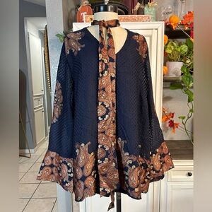 2x‎ Chicos Navy Blue Brown Paisley Scarf Neck Blouse Bell Sleeves Loose Flowy